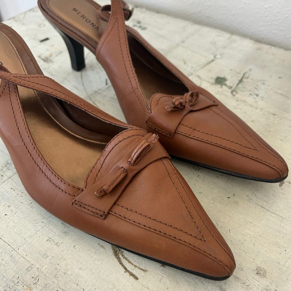 Vintage Merona Abby leather Sling back kitten Heel pointed toe bow coaquette 10 - Picture 3 of 12